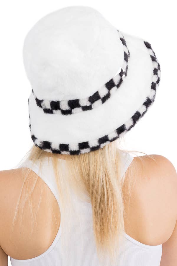 Black White Checkered Fluffy Faux Fur Bucket Hat