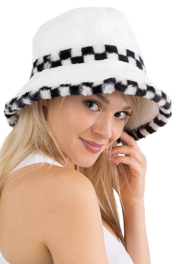 Black White Checkered Fluffy Faux Fur Bucket Hat