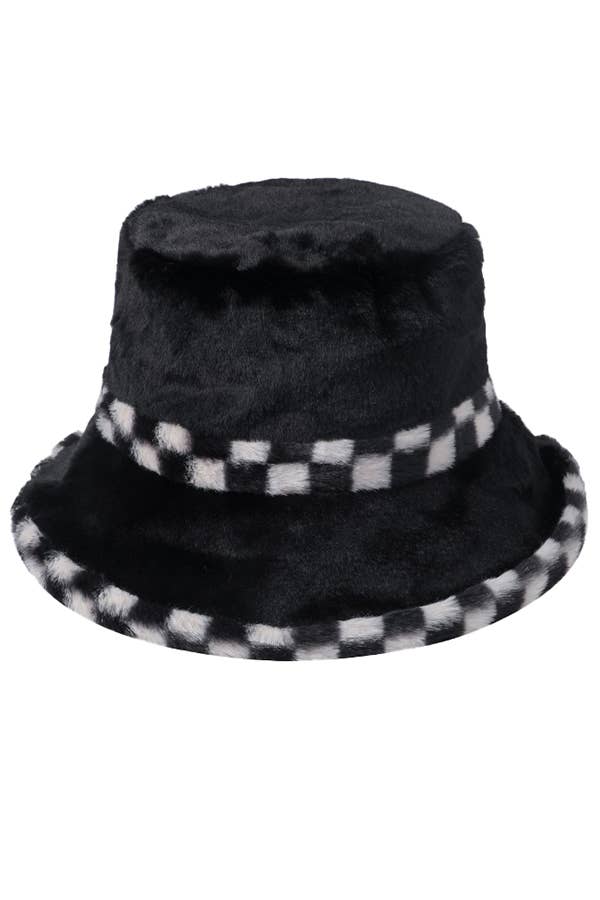 Black White Checkered Fluffy Faux Fur Bucket Hat