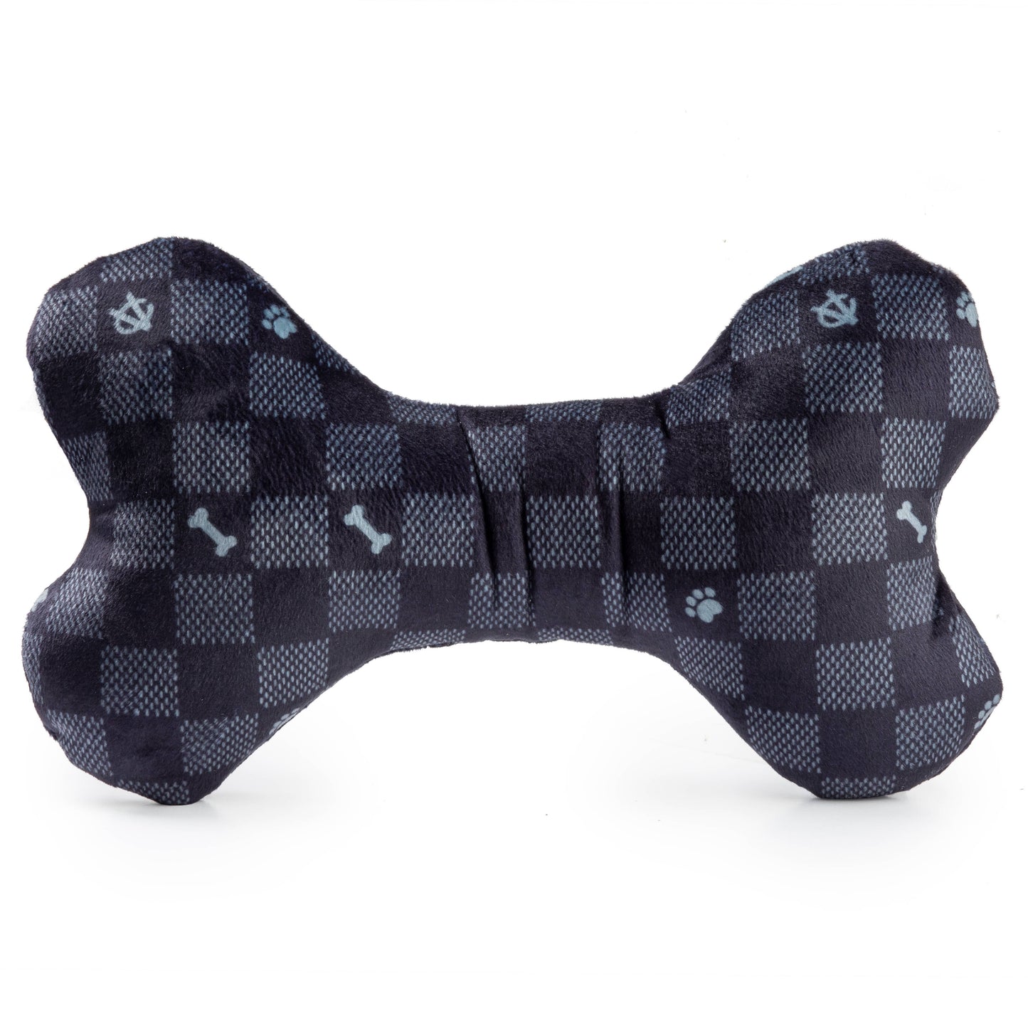 Black Checker Chewy Vuiton Bone Squeaker Dog Toy