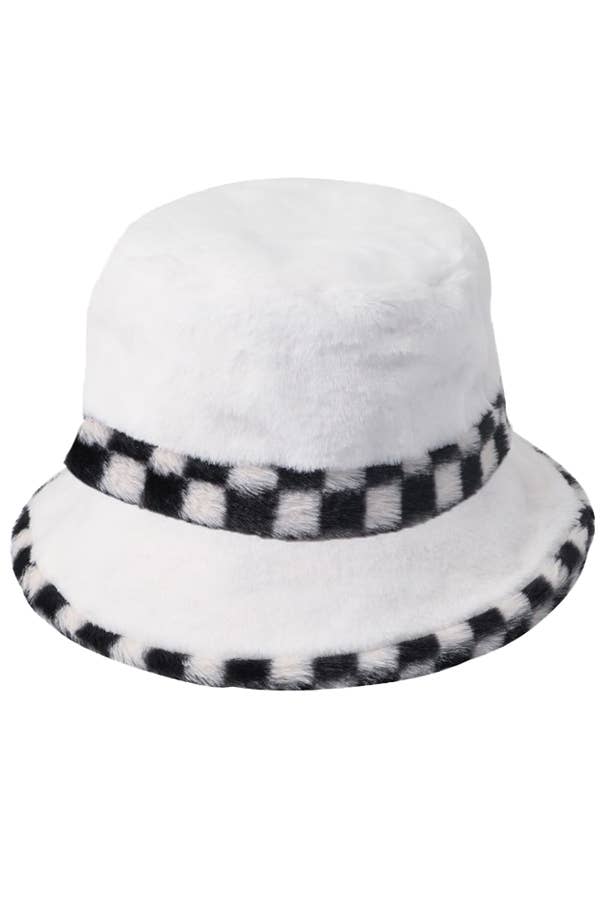 Black White Checkered Fluffy Faux Fur Bucket Hat