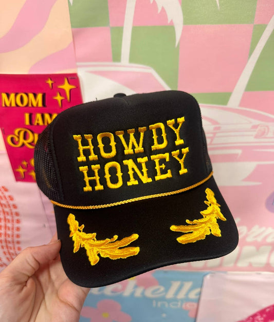 Black Howdy Honey Gold Trucker Hat: Embrodiary