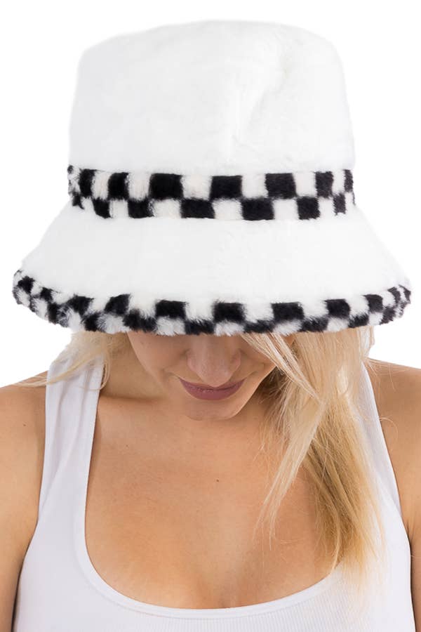 Black White Checkered Fluffy Faux Fur Bucket Hat